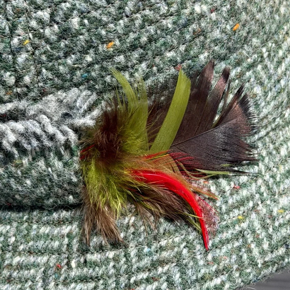 Vtg Hanna Hats Donegal Ireland Green Herringbone Wool Walking Hat Feather Mens M